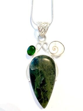 2 1/2 inch, Nephrite Jade, Tsavorite  and Shiva Eye pendant on a silver chain